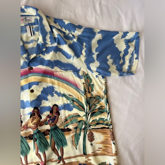 Vtg NWT Palm Bay Hawaiian Rainbow Hula Girls Aloha Rayon Shirt Size XXL Sky SS - Picture 3 of 12